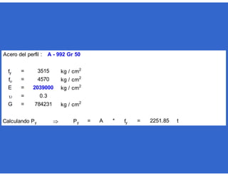 =
=
=
=
=
Calculando Py  = * = tPy A fy 2251.85
E 2039000 kg / cm2
 0.3
G 784231 kg / cm2
Acero del perfil : A - 992 Gr 50
fy 3515 kg / cm2
fu 4570 kg / cm2
 