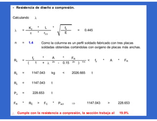 - Resistencia de diseño a compresión.
* *
*
=
* *
( +  2n
- 2n
) 1/n
= kg < t
= t
= t
* > *  >
 Cumple con la resistencia a conpresión, la sección trabaja al 19.9%
FR RC FC Pact 1147.043 228.653
Rc 1147.043 2026.665
Rc 1147.043
Pu 228.653
fy * A * FR
1 0.15
Rc =
fy A FR
<
0.445
 ry y E
n 1.4 Como la columna es un perfil soldado fabricado con tres placas
soldadas obtenidas cortándolas con oxígeno de placas más anchas.
 =
Ky L fy
=
Calculando 
 