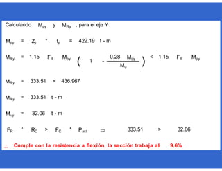 y , para el eje Y
= * = t - m
= <
= <
= t - m
= t - m
* > *  >

Mpy
Mu
333.51 436.967
MRy
-
0.28 Mpy
)
1.15 FRMRy 1.15 FR Mpy
( 1
Cumple con la resistencia a flexión, la sección trabaja al 9.6%
FR RC FC Pact 333.51 32.06
MRy
333.51
Muy 32.06
Calculando Mpy MRy
Mpy Zy fy 422.19
 