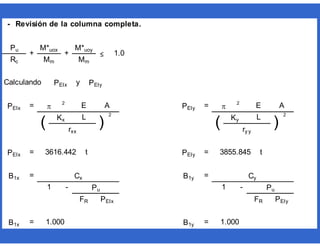 - Revisión de la columna completa.
Calculando y
= 2
= 2
2 2
= t = t
= =
- -
= =
FR PEIx FR PEIy
B1x 1.000 B1y 1.000
B1x Cx B1y Cy
1 Pu 1 Pu
rxx ry y
PEIx 3616.442 PEIy 3855.845
E A
( Kx L
) ( Ky L
)
PEIx  E A PEIy 
1.0
Rc Mm Mm
PEIx PEIy
Pu
+
M*uox
+
M*uoy
≤
 