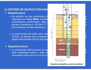  Subestructura
 De acuerdo con las condiciones mecánicas del suelo, la cimentación se
resolverá con muro Milán considerando que algunos de sus tableros al
profundizarse conformarán “pilas planas” que se apoyen de punta en
estratos resistentes a -26.00m (1ª. Capa dura conformada por materiales
limo arenosos de alta resistencia).
 La profundidad del cajón será desplantado sobre una losa de fondo a -
16.50m, se estima que el espesor de esta losa será de 1.30m que está
regida básicamente por los empujes hidrostáticos ascendentes
 Superestructura
 La concepción estructural en la superestructura se basa en la premisa de
darle estabilidad lateral a está ya que tiene una relación de esbeltez
importante sobre todo en una de sus direcciones.
II. CRITERIO DE ESTRUCTURACIÓN
 