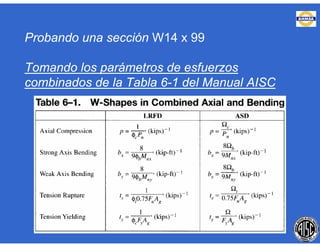 Probando una sección W14 x 99
Tomando los parámetros de esfuerzos
combinados de la Tabla 6-1 del Manual AISC
 