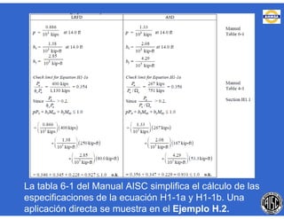 La tabla 6-1 del Manual AISC simplifica el cálculo de las
especificaciones de la ecuación H1-1a y H1-1b. Una
aplicación directa se muestra en el Ejemplo H.2.
 