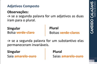 Adjetivos Composto
Observações:
-> se a segunda palavra for um adjetivos as duas
iram para o plural.
Singular
Bolsa verde-claro
-> se a segunda palavra for um substantivo elas
permaneceram invariáveis.
Plural
Bolsas verde-claros
Plural
Saias amarelo-ouro
Singular
Saia amarelo-ouro
 