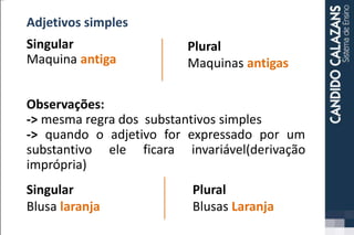 Adjetivos simples
Singular
Maquina antiga
Observações:
-> mesma regra dos substantivos simples
-> quando o adjetivo for expressado por um
substantivo ele ficara invariável(derivação
imprópria)
Plural
Maquinas antigas
Plural
Blusas Laranja
Singular
Blusa laranja
 