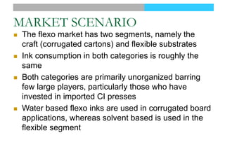MARKET SCENARIO
 The flexo market has two segments, namely the
craft (corrugated cartons) and flexible substrates
 Ink consumption in both categories is roughly the
same
 Both categories are primarily unorganized barring
few large players, particularly those who have
invested in imported CI presses
 Water based flexo inks are used in corrugated board
applications, whereas solvent based is used in the
flexible segment
 
