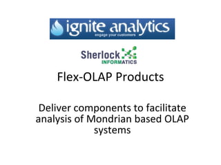 Flex-OLAP Products Deliver components to facilitate analysis of Mondrian based OLAP systems 
