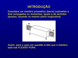 INTRODUÇÃO
Considere um membro prismático (barra) submetido a
dois conjugados ou momentos, iguais e de sentidos
opostos, atuando no mesmo plano longitudinal.




Assim, para o caso em questão é dito que o membro
está sob FLEXÃO PURA.
                  PURA
 