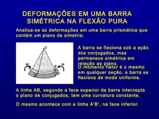 DEFORMAÇÕES EM UMA BARRA
   SIMÉTRICA NA FLEXÃO PURA
Analisa-se as deformações em uma barra prismática que
contém um plano de simetria.

                          A barra se flexiona sob a ação
                          dos conjugados, mas
                          permanece simétrica em
                          relação ao plano.
                          O momento fletor é o mesmo
                          em qualquer seção, a barra se
                          flexiona de modo uniforme.

A linha AB, segundo a face superior da barra intercepta
o plano de conjugados, tem uma curvatura constante.

O mesmo acontece com a linha A’B’, na face inferior.
 