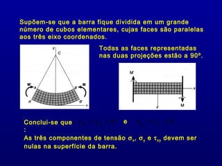 Supõem-se que a barra fique dividida em um grande
número de cubos elementares, cujas faces são paralelas
aos três eixo coordenados.
                         Todas as faces representadas
                         nas duas projeções estão a 90º.




 Conclui-se que γ xy = γ xz = 0 e   τ xy = τ xz = 0
 :
 As três componentes de tensão σ x , σ y e τ xy devem ser
 nulas na superfície da barra.
 