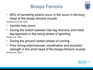 MOB TCD

Biceps Femoris
• 80% of hamstring strains occur in the occur in the long
head of the biceps femoris muscle
Koulouris & Connell, 2003

• Injuries may occur:
• During the switch between late leg recovery and initial
leg approach in the swing phase of sprinting
Woods et al., 2004

• During the ground contact phase of running
• Poor timing-intermuscular coordination and eccentric
strength in the short head of the biceps femoris muscle
Woods et al., 2004

 