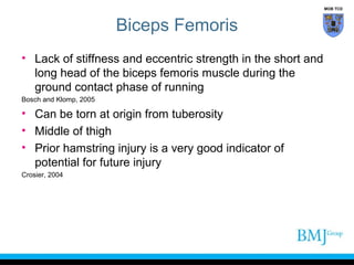 MOB TCD

Biceps Femoris
• Lack of stiffness and eccentric strength in the short and
long head of the biceps femoris muscle during the
ground contact phase of running
Bosch and Klomp, 2005

• Can be torn at origin from tuberosity
• Middle of thigh
• Prior hamstring injury is a very good indicator of
potential for future injury
Crosier, 2004

 