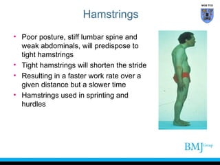 MOB TCD

Hamstrings
• Poor posture, stiff lumbar spine and
weak abdominals, will predispose to
tight hamstrings
• Tight hamstrings will shorten the stride
• Resulting in a faster work rate over a
given distance but a slower time
• Hamstrings used in sprinting and
hurdles

 