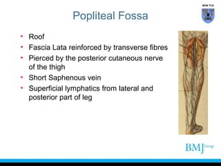 MOB TCD

Popliteal Fossa
• Roof
• Fascia Lata reinforced by transverse fibres
• Pierced by the posterior cutaneous nerve
of the thigh
• Short Saphenous vein
• Superficial lymphatics from lateral and
posterior part of leg

 