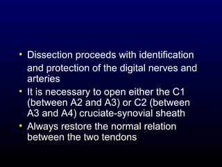 • Dissection proceeds with identification
and protection of the digital nerves and
arteries
• It is necessary to open either the C1
(between A2 and A3) or C2 (between
A3 and A4) cruciate-synovial sheath
• Always restore the normal relation
between the two tendons

 