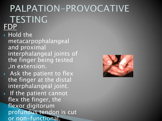 FDP
 Hold the
metacarpophalangeal
and proximal
interphalangeal joints of
the finger being tested
,in extension.
 Ask the patient to flex
the finger at the distal
interphalangeal joint.
 If the patient cannot
flex the finger, the
flexor digitorum
profundus tendon is cut
or non-functional.
 