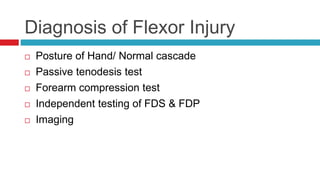 Diagnosis of Flexor Injury
 Posture of Hand/ Normal cascade
 Passive tenodesis test
 Forearm compression test
 Independent testing of FDS & FDP
 Imaging
 