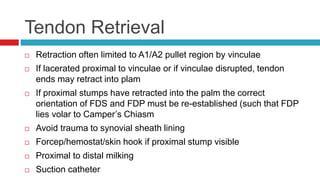 Tendon Retrieval
 Retraction often limited to A1/A2 pullet region by vinculae
 If lacerated proximal to vinculae or if vinculae disrupted, tendon
ends may retract into plam
 If proximal stumps have retracted into the palm the correct
orientation of FDS and FDP must be re-established (such that FDP
lies volar to Camper’s Chiasm
 Avoid trauma to synovial sheath lining
 Forcep/hemostat/skin hook if proximal stump visible
 Proximal to distal milking
 Suction catheter
 