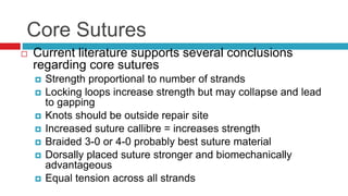 Core Sutures
 Current literature supports several conclusions
regarding core sutures
 Strength proportional to number of strands
 Locking loops increase strength but may collapse and lead
to gapping
 Knots should be outside repair site
 Increased suture callibre = increases strength
 Braided 3-0 or 4-0 probably best suture material
 Dorsally placed suture stronger and biomechanically
advantageous
 Equal tension across all strands
 