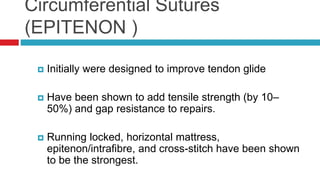 Circumferential Sutures
(EPITENON )
 Initially were designed to improve tendon glide
 Have been shown to add tensile strength (by 10–
50%) and gap resistance to repairs.
 Running locked, horizontal mattress,
epitenon/intrafibre, and cross-stitch have been shown
to be the strongest.
 