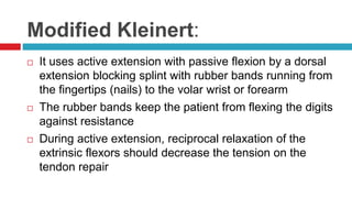 Modified Kleinert:
 It uses active extension with passive flexion by a dorsal
extension blocking splint with rubber bands running from
the fingertips (nails) to the volar wrist or forearm
 The rubber bands keep the patient from flexing the digits
against resistance
 During active extension, reciprocal relaxation of the
extrinsic flexors should decrease the tension on the
tendon repair
 