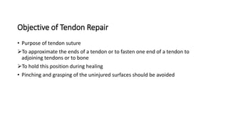 Objective of Tendon Repair
• Purpose of tendon suture
To approximate the ends of a tendon or to fasten one end of a tendon to
adjoining tendons or to bone
To hold this position during healing
• Pinching and grasping of the uninjured surfaces should be avoided
 