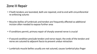 Zone III Repair
• If both tendons are lacerated, both are repaired, end to end with circumferential
re-enforcing sutures
• Muscles bellies of lumbricals and tendon are frequently affected so additional
incision often needed to expose further area
• If conditions permit, primary repair of sharply severed nerve is crucial
• If wound condition preclude tendon and nerve repair, the ends of the tendon and
nerve are sutured to adjacent fascia to prevent undue retraction
• Lumbricals muscle bellies usually are not sutured, causes lumbrical plus finger
 