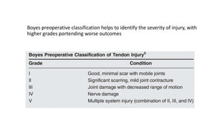 Boyes preoperative classification helps to identify the severity of injury, with
higher grades portending worse outcomes
 