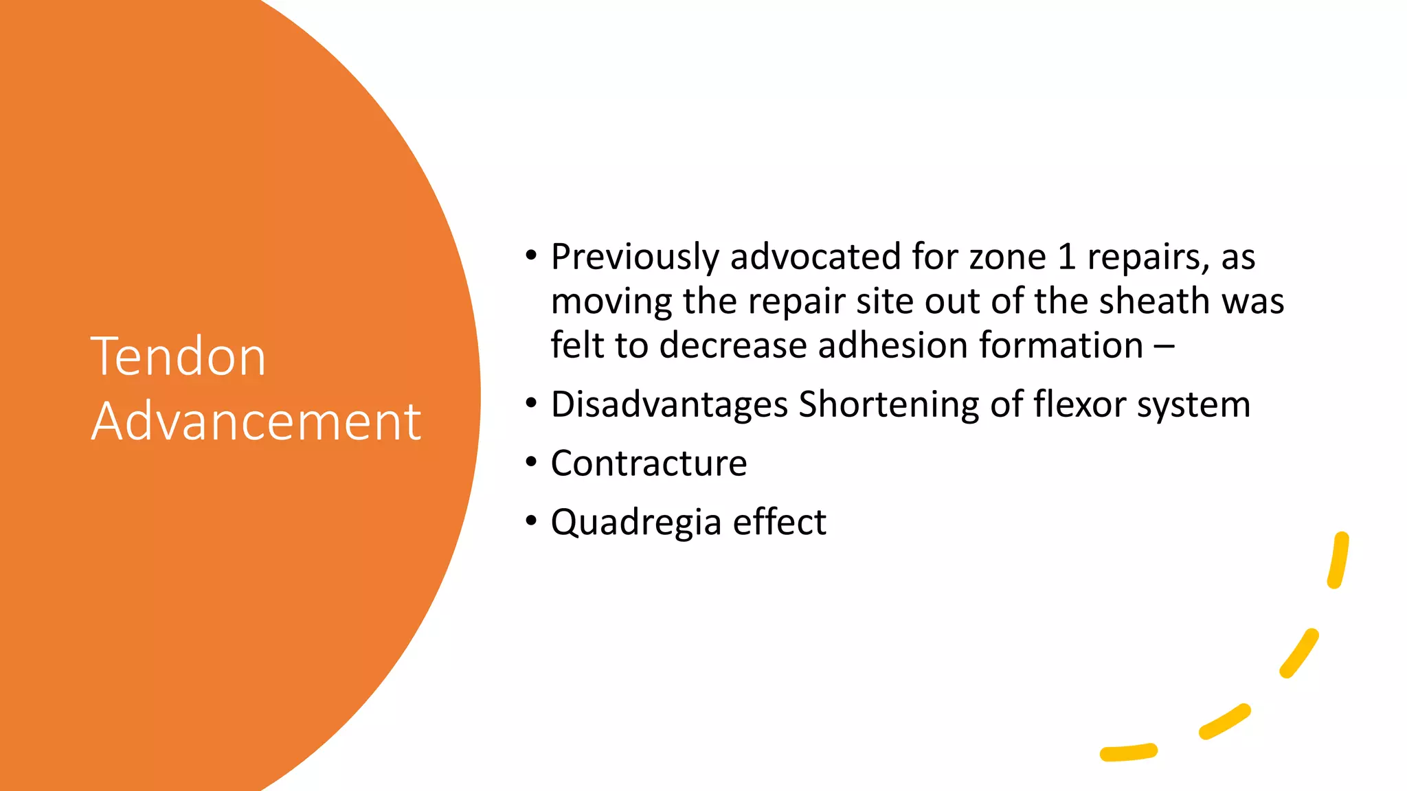 Tendon
Advancement
• Previously advocated for zone 1 repairs, as
moving the repair site out of the sheath was
felt to decrease adhesion formation –
• Disadvantages Shortening of flexor system
• Contracture
• Quadregia effect
 