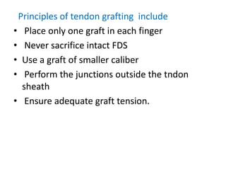 Principles of tendon grafting include
• Place only one graft in each finger
• Never sacrifice intact FDS
• Use a graft of smaller caliber
• Perform the junctions outside the tndon
sheath
• Ensure adequate graft tension.
 