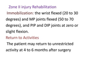 Zone II injury Rehabilitation
Immobilization: the wrist flexed (20 to 30
degrees) and MP joints flexed (50 to 70
degrees), and PIP and DIP joints at zero or
slight flexion.
Return to Activities
The patient may return to unrestricted
activity at 4 to 6 months after surgery
 