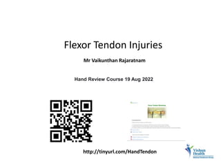 Flexor Tendon Injuries
Mr Vaikunthan Rajaratnam
Hand Review Course 19 Aug 2022
http://tinyurl.com/HandTendon
 