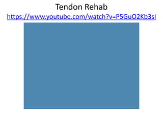 Tendon Rehab
https://www.youtube.com/watch?v=P5GuO2Kb3sI
 