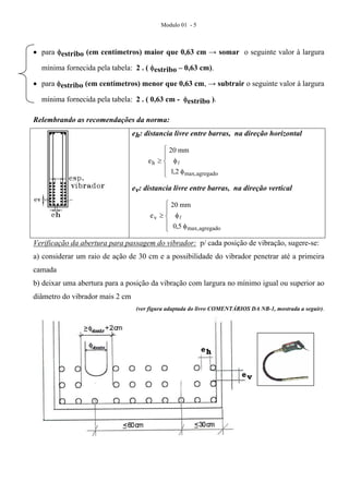 Modulo 01 - 5 
• para φestribo (em centímetros) maior que 0,63 cm → somar o seguinte valor à largura 
mínima fornecida pela tabela: 2 . ( φestribo – 0,63 cm). 
• para φestribo (em centímetros) menor que 0,63 cm, → subtrair o seguinte valor à largura 
mínima fornecida pela tabela: 2 . ( 0,63 cm - φestribo ). 
Relembrando as recomendações da norma: 
eh: distancia livre entre barras, na direção horizontal 
⎧ 
⎪⎩ 
⎪⎨ 
20 mm 
φ 
e ≥ φ 
l 
max,agregado 
h 
1,2 
ev: distancia livre entre barras, na direção vertical 
⎧ 
⎪⎩ 
⎪⎨ 
20 mm 
φ 
e ≥ φ 
l 
max,agregado 
v 
0,5 
Verificação da abertura para passagem do vibrador: p/ cada posição de vibração, sugere-se: 
a) considerar um raio de ação de 30 cm e a possibilidade do vibrador penetrar até a primeira 
camada 
b) deixar uma abertura para a posição da vibração com largura no mínimo igual ou superior ao 
diâmetro do vibrador mais 2 cm 
(ver figura adaptada do livro COMENTÁRIOS DA NB-1, mostrada a seguir). 
 