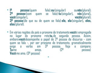    1ª        pessoa (quem   fala): eu (singular)     ou nós (plural);
    2ª pessoa (com quem se fala): tu (singular), vós (plural),
    você (singular),                                   vocês(plural);
    3ª pessoa (de que ou de quem se fala): ele, ela (singular), eles,
    elas (plural).

   Em várias regiões do país o pronome de tratamento você é empregado
    no lugar do pronome reto tu, de segunda pessoa. Assim,
    embora você desempenhe o papel de 2ª pessoa do discurso - com
    quem se fala -, por ser pronome de tratamento, gramaticalmente
    exige o verbo em 3ª pessoa. Veja e compare:
    Tu me                amas.                (2ª              pessoa) 
    Você me ama. (3ª pessoa)
                                   
 