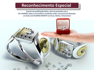 A partir da qualificação Safira, além de graduado com o
Pin FLEXPAG, todos os consultores receberão ainda, uma prova de distinção:
um lindo anel FLEXPAG INFINITY em Ouro, Pedras e Diamantes!
Reconhecimento Especial
 