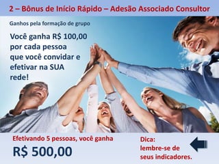 Você ganha R$ 100,00
por cada pessoa
que você convidar e
efetivar na SUA
rede!
Efetivando 5 pessoas, você ganha
R$ 500,00
2 – Bônus de Início Rápido – Adesão Associado Consultor
Dica:
lembre-se de
seus indicadores.
Ganhos pela formação de grupo
 