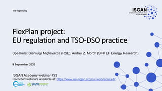 FlexPlan project:
EU regulation and TSO-DSO practice
Speakers: Gianluigi Migliavacca (RSE), Andrei Z. Morch (SINTEF Energy Research)
9 September 2020
ISGAN Academy webinar #23
Recorded webinars available at: https://www.iea-isgan.org/our-work/annex-8/
 