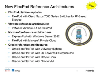 New FlexPod Reference Architectures
 FlexPod platform updates
   FlexPod with Cisco Nexus 7000 Series Switches for IP-Based
     Storage
 VMware reference architectures
   VMware vSphere 5.1 on FlexPod
 Microsoft reference architectures
   ExpressPod with Windows Server 2012
   FlexPod with Microsoft Private Cloud
 Oracle reference architectures
   Oracle on FlexPod with VMware vSphere
   Oracle on FlexPod with JD Edwards EnterpriseOne
   Oracle on FlexPod with Oracle Linux
   Oracle on FlexPod with Oracle VM


                                                      8
 