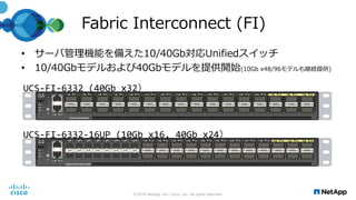 Fabric Interconnect (FI)
• サーバ管理機能を備えた10/40Gb対応Unifiedスイッチ
• 10/40Gbモデルおよび40Gbモデルを提供開始(10Gb x48/96モデルも継続提供)
© 2016 NetApp, Inc. Cisco, Inc. All rights reserved.
CISCO UCS-FI-6332
ENV
LS
STS
BCN
1
2
3
4
L1 L2
1 2 3 4 5 6 7 8 9 10 11 12 13 14 15 16 17 18 19 20 21 22 23 24 25 26 31 3229 3027 28
UCS-FI-6332 (40Gb x32）
CISCO UCS-FI-6332-16UP
ENV
LS
STS
BCN
1
2
3
4
L1 L2
17 18 19 20 21 22 23 24 25 26 27 28 29 30 31 32 33 34 39 4037 3835 361 2 3 4 5 6 7 8 9 10 11 12 13 14 15 16
UCS-FI-6332-16UP (10Gb x16, 40Gb x24）
 