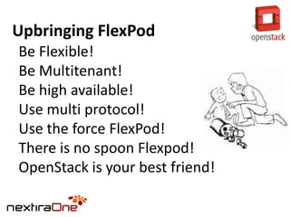 Upbringing FlexPod
Be Flexible!
Be Multitenant!
Be high available!
Use multi protocol!
Use the force FlexPod!
There is no spoon Flexpod!
OpenStack is your best friend!

 