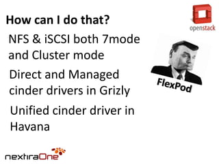 How can I do that?
NFS & iSCSI both 7mode
and Cluster mode
Direct and Managed
cinder drivers in Grizly
Unified cinder driver in
Havana

 