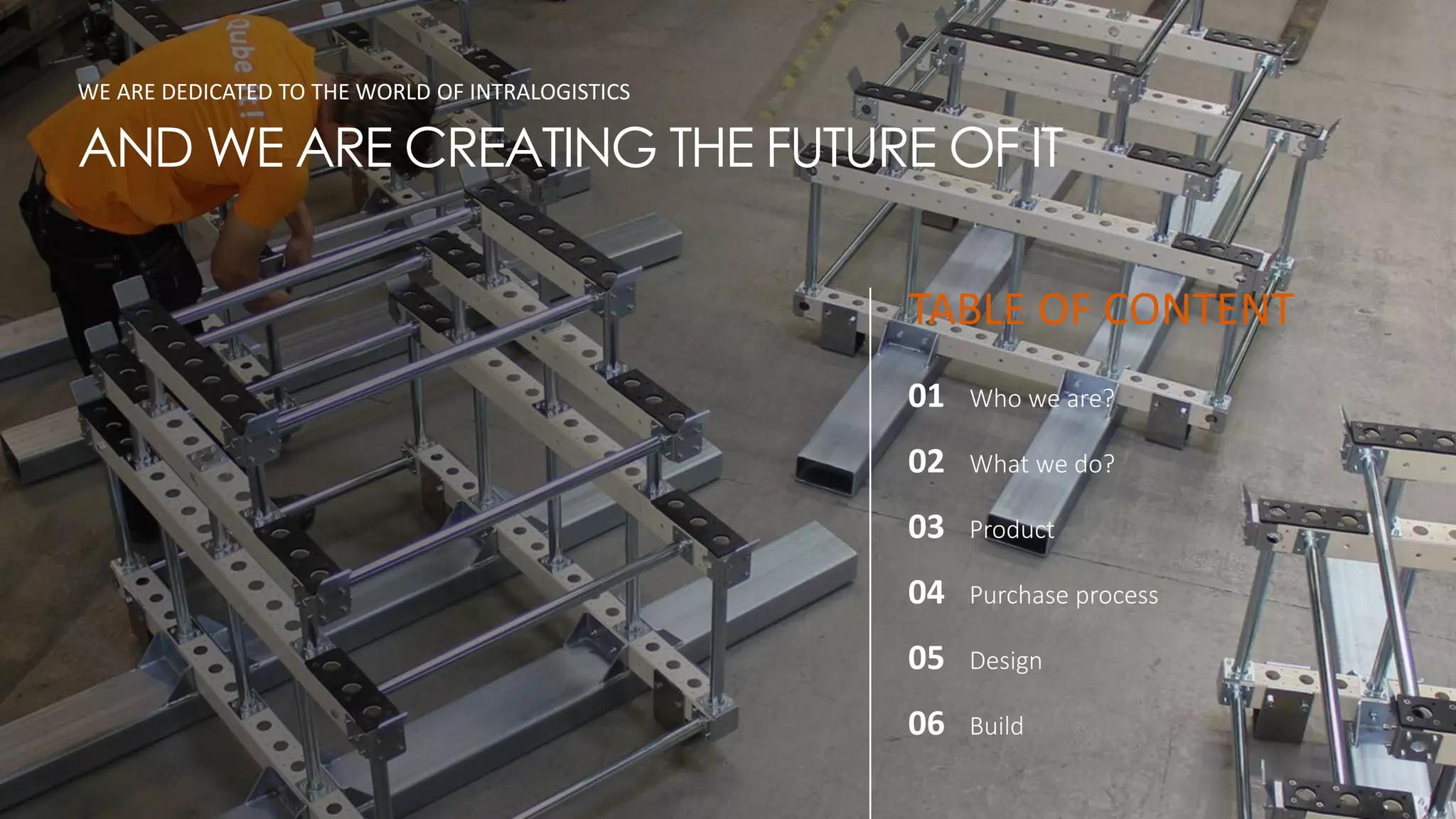 WE ARE DEDICATED TO THE WORLD OF INTRALOGISTICS
AND WE ARE CREATING THE FUTURE OF IT
TABLE OF CONTENT
01 Who we are?
02 What we do?
03 Product
04 Purchase process
05 Design
06 Build
 