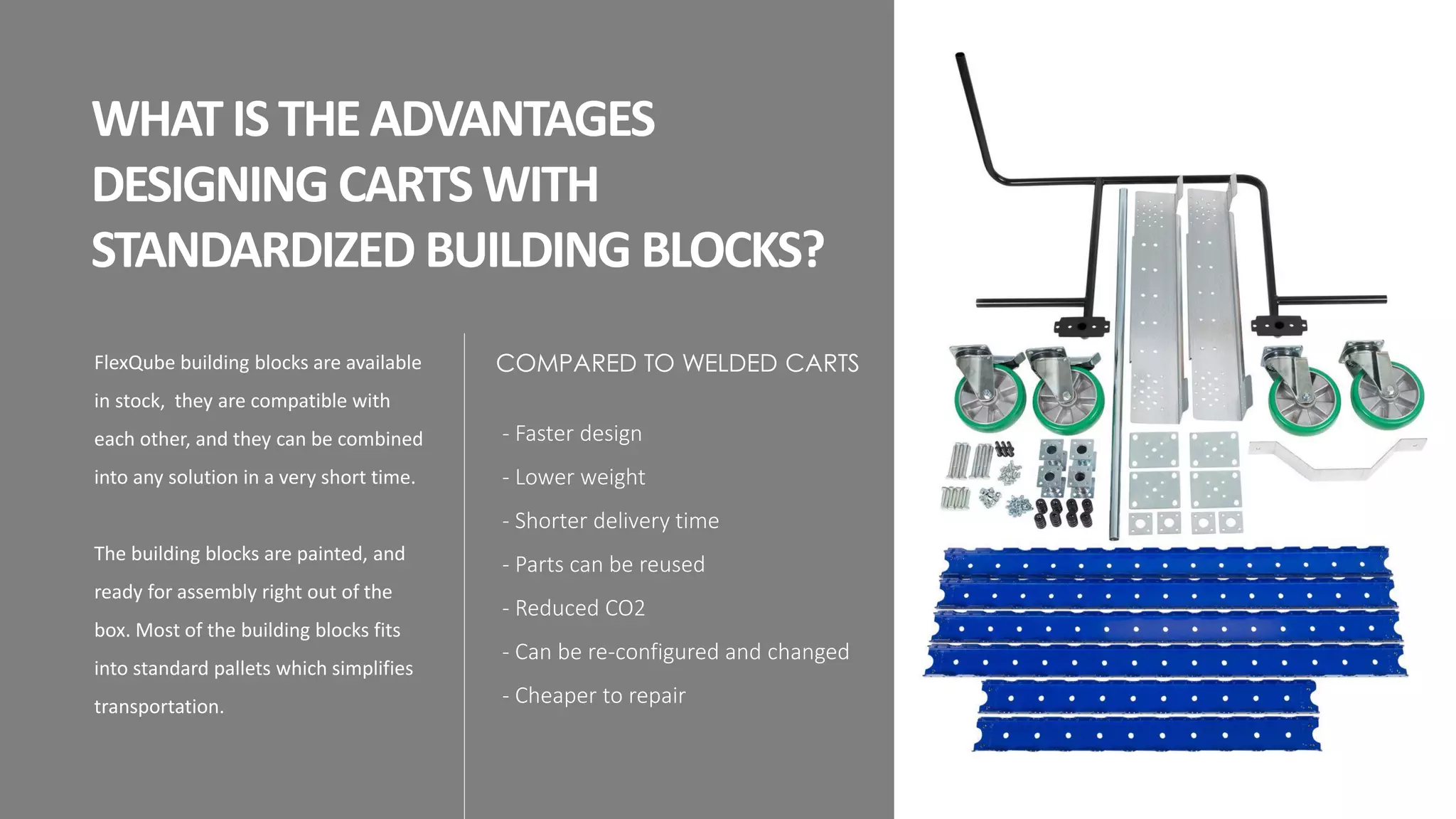 WHATISTHEADVANTAGES
DESIGNING CARTSWITH
STANDARDIZED BUILDING BLOCKS?
FlexQube building blocks are available
in stock, they are compatible with
each other, and they can be combined
into any solution in a very short time.
The building blocks are painted, and
ready for assembly right out of the
box. Most of the building blocks fits
into standard pallets which simplifies
transportation.
The standard chunk of Lorem Ipsum used since the 1500s is
reproduced below for those interested. Sections 1.10.32 and
1.10.33 from "de Finibus Bonorum et Malorum" by Cicero are
also reproduced in their exact original form, accompanied by
English versions from the 1914 translation by H. Rackham.
COMPARED TO WELDED CARTS
- Faster design
- Lower weight
- Shorter delivery time
- Parts can be reused
- Reduced CO2
- Can be re-configured and changed
- Cheaper to repair
 