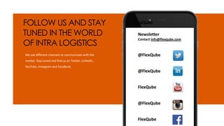 FOLLOW US AND STAY
TUNED IN THE WORLD
OF INTRA LOGISTICS
We use different channels to communicate with the
market. Stay tuned and find us on Twitter, LinkedIn,
YouTube, Instagram and FaceBook.
Newsletter
Contact info@flexqube.com
@FlexQube
@FlexQube
FlexQube
FlexQube
@FlexQube
FlexQube
 