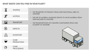WAITING
MOTION
TRANSPORT
DEFECTS
INVENTORY
OVER
PRODUCTION
OVER
PROCESSING
WHAT WASTE CAN YOU FIND IN YOUR PLANT?
• THE TRANSPORT OF PRODUCT FROM ONE FUNCTIONAL AREA TO
ANOTHER
• THE USE OF MATERIAL HANDLING DEVICE TO MOVE MATERIAL FROM
ONE MACHINE TO ANOTHER
• THE TRANSPORTATION OF CHEAPER COMPONENTS FROM ONE
COUNTRY TO ANOTHER
 