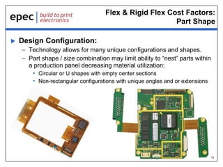 10
Flex & Rigid Flex Cost Factors:
Part Shape
 Design Configuration:
– Technology allows for many unique configurations and shapes.
– Part shape / size combination may limit ability to “nest” parts within
a production panel decreasing material utilization:
• Circular or U shapes with empty center sections
• Non-rectangular configurations with unique angles and or extensions
 