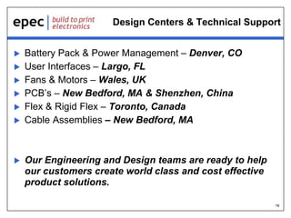 18
Design Centers & Technical Support
 Battery Pack & Power Management – Denver, CO
 User Interfaces – Largo, FL
 Fans & Motors – Wales, UK
 PCB’s – New Bedford, MA & Shenzhen, China
 Flex & Rigid Flex – Toronto, Canada
 Cable Assemblies – New Bedford, MA
 Our Engineering and Design teams are ready to help
our customers create world class and cost effective
product solutions.
 
