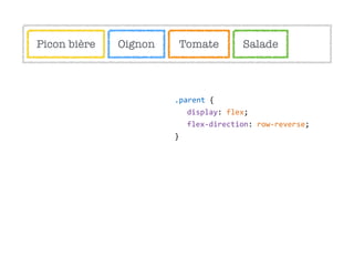 .parent  {  
display:  flex;  
flex-­‐direction:  row-­‐reverse;  
}
SaladeTomateOignonPicon bière
 
