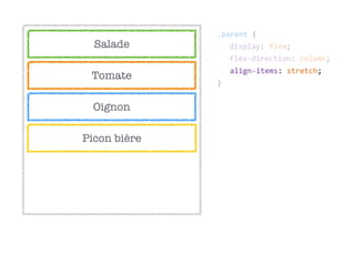 Salade
Tomate
Oignon
Picon bière
align-­‐items:  stretch;  
.parent  {  
display:  flex;  
flex-­‐direction:  column;  
}
 